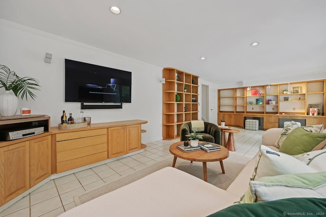 32 Jeffrey Rd, Greenwich, CT 06830 - living room featuring recessed lighting, ornamental molding, and light tile patterned floors