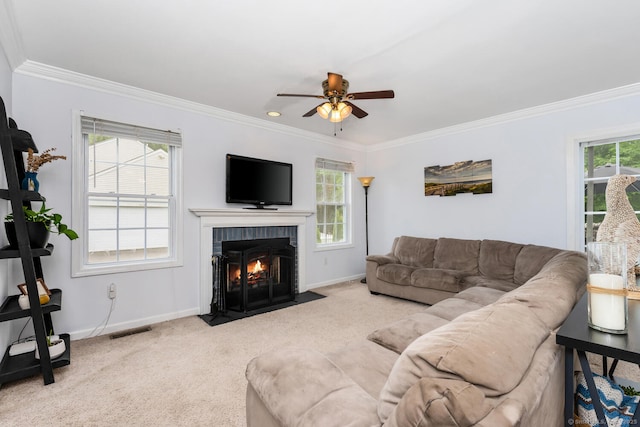 125 Longview Dr, Stratford, CT 06614 - carpeted living room with a ceiling fan, ornamental molding, baseboards, and a fireplace