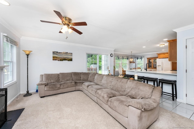 125 Longview Dr, Stratford, CT 06614 - living room with ornamental molding, ceiling fan, baseboards, and recessed lighting