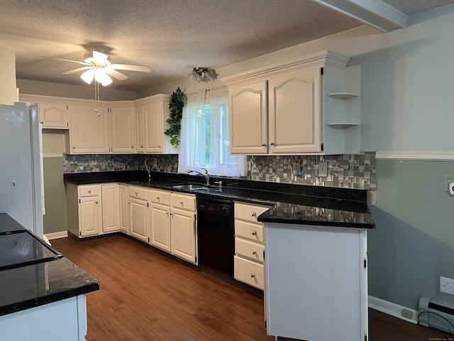 284 Gilbert Ave, Winchester, CT 06098 - kitchen featuring black dishwasher, open shelves, ceiling fan, tasteful backsplash, and a textured ceiling