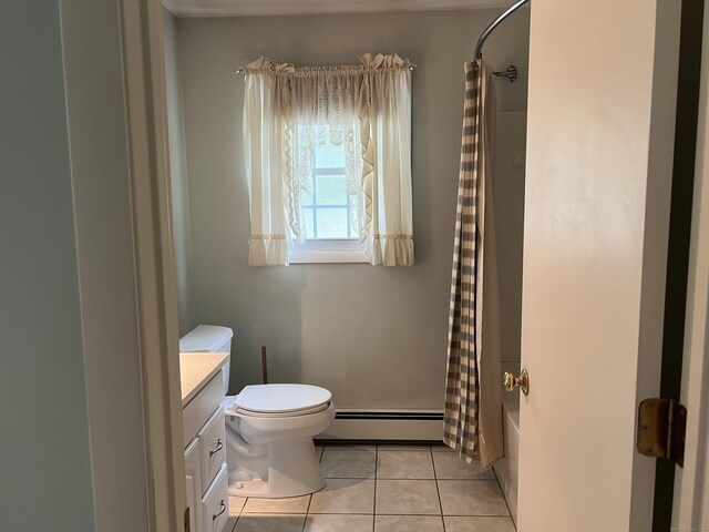 284 Gilbert Ave, Winchester, CT 06098 - full bath with a baseboard heating unit, vanity, tile patterned floors, toilet, and shower / bath combination with curtain