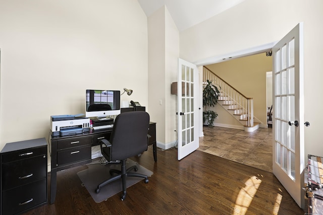 81 Aresco Dr, Middletown, CT 06457 - home office featuring french doors, baseboards, a high ceiling, and wood finished floors