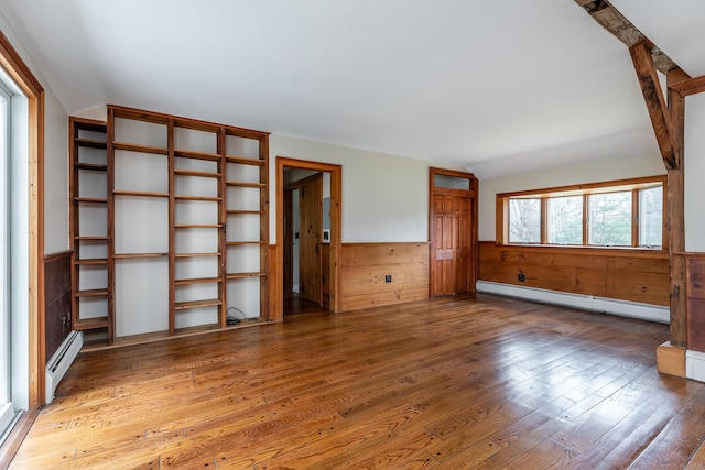 8 Southbury Rd, Roxbury, CT 06783 - empty room with a baseboard radiator, wood finished floors, a wainscoted wall, and wood walls