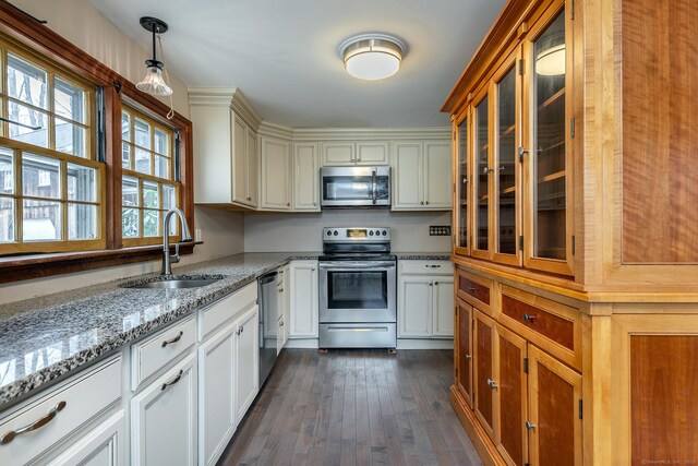 8 Southbury Rd, Roxbury, CT 06783 - kitchen featuring appliances with stainless steel finishes, a sink, glass insert cabinets, dark wood-style floors, and light stone counters