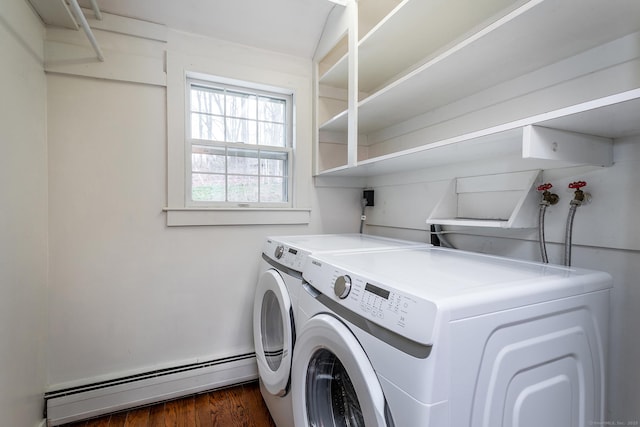 8 Southbury Rd, Roxbury, CT 06783 - laundry room featuring a baseboard radiator, independent washer and dryer, and dark wood-style floors