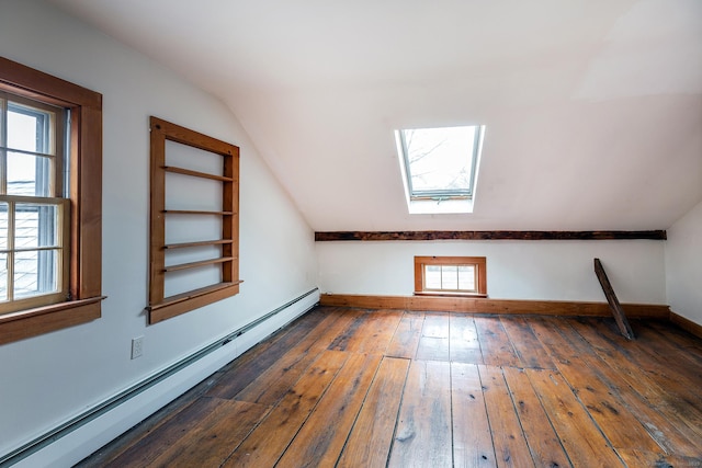 8 Southbury Rd, Roxbury, CT 06783 - bonus room with a baseboard heating unit, a skylight, vaulted ceiling, hardwood / wood-style floors, and baseboards