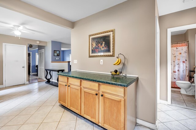 16 Hodge Ave, Ansonia, CT 06401 - kitchen with light tile patterned floors, dark countertops, a ceiling fan, and baseboards