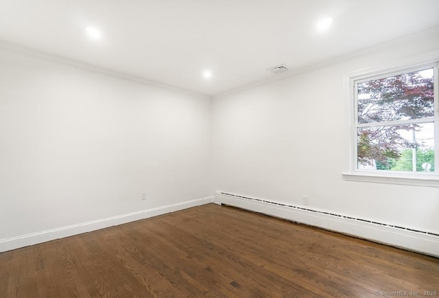 24 Linde St, West Haven, CT 06516 - empty room with a baseboard radiator, crown molding, dark wood-style floors, baseboards, and recessed lighting