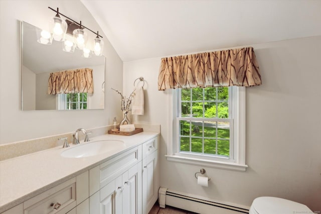 8 Buttonwood Dr, Simsbury, CT 06070 - bathroom featuring baseboard heating, vanity, and lofted ceiling
