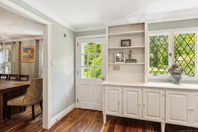 8 Buttonwood Dr, Simsbury, CT 06070 - doorway to outside with dark wood-style floors and ornamental molding