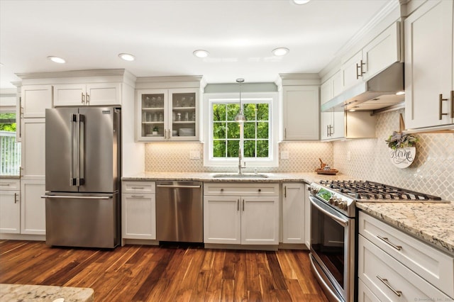 8 Buttonwood Dr, Simsbury, CT 06070 - kitchen with appliances with stainless steel finishes, under cabinet range hood, dark wood finished floors, and decorative backsplash
