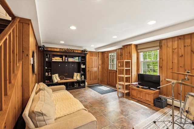 8 Buttonwood Dr, Simsbury, CT 06070 - living area featuring recessed lighting, a baseboard heating unit, and wood walls