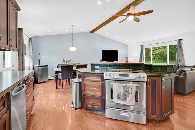 8 High Meadow Ln, Enfield, CT 06082 - kitchen featuring stainless steel appliances, open floor plan, light wood-style floors, and a ceiling fan