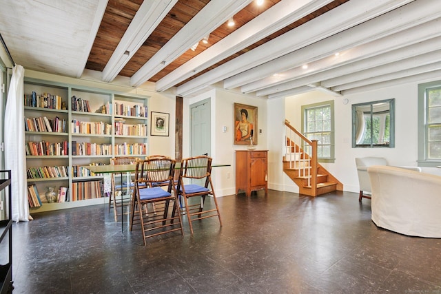 2 Summit St, Stonington, CT 06378 - sitting room with stairs, plenty of natural light, tile patterned floors, and a wood ceiling with exposed beams