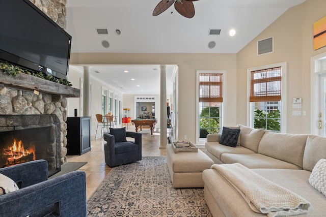 249 Sturges Hwy, Westport, CT 06880 - living room with a stone fireplace, a ceiling fan, high vaulted ceiling, recessed lighting, and light tile patterned floors