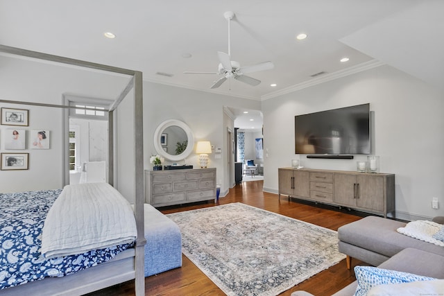 249 Sturges Hwy, Westport, CT 06880 - bedroom with ornamental molding, wood finished floors, recessed lighting, and a ceiling fan