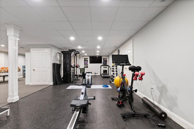 249 Sturges Hwy, Westport, CT 06880 - workout room with decorative columns, recessed lighting, and a paneled ceiling