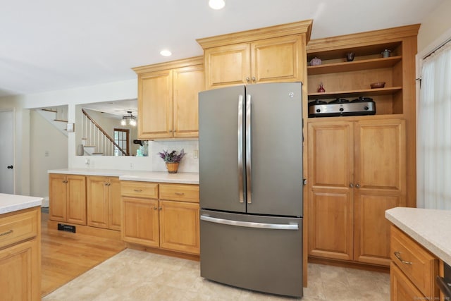 81 Park Rd, Woodbury, CT 06798 - kitchen featuring freestanding refrigerator, light countertops, recessed lighting, light brown cabinetry, and open shelves