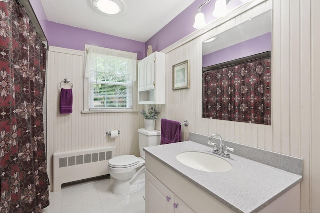 81 Park Rd, Woodbury, CT 06798 - bathroom with radiator heating unit, toilet, vanity, tile patterned flooring, and a shower with curtain