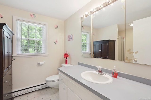 81 Park Rd, Woodbury, CT 06798 - bathroom featuring a baseboard heating unit, vanity, toilet, tile patterned floors, and a shower
