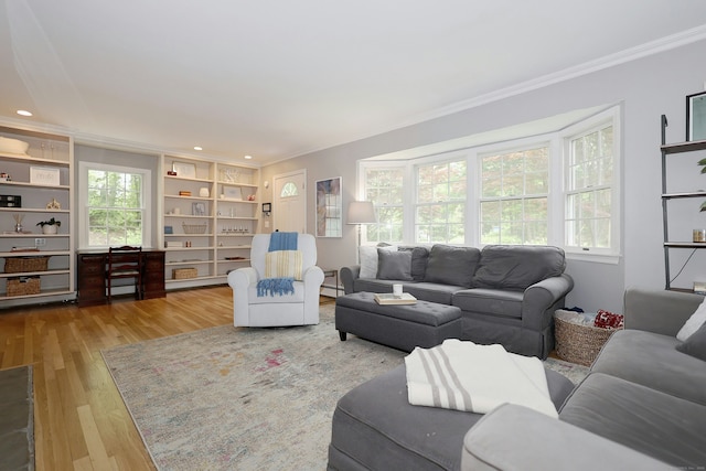 28 Shields Ln, Ridgefield, CT 06877 - living room featuring ornamental molding, plenty of natural light, wood finished floors, and recessed lighting