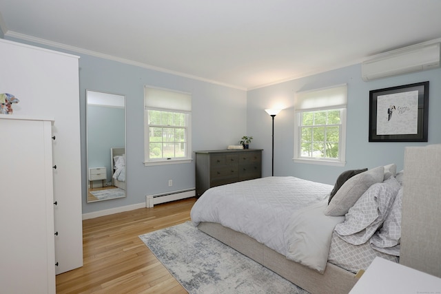 28 Shields Ln, Ridgefield, CT 06877 - bedroom featuring a baseboard heating unit, an AC wall unit, ornamental molding, light wood-style floors, and baseboards