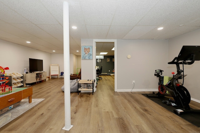 28 Shields Ln, Ridgefield, CT 06877 - workout room featuring wood finished floors, baseboards, a paneled ceiling, and recessed lighting