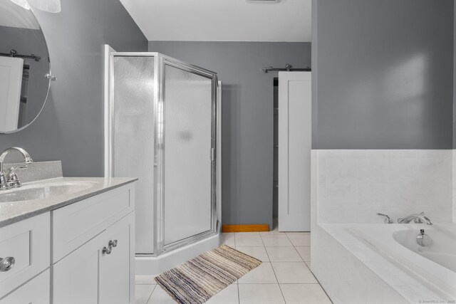 290 Amity Rd, Bethany, CT 06524 - full bathroom with a stall shower, vanity, a bath, and tile patterned floors