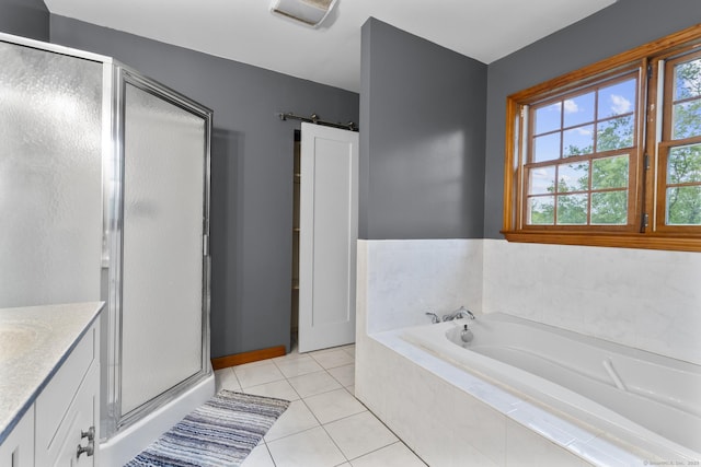 290 Amity Rd, Bethany, CT 06524 - bathroom featuring a stall shower, a garden tub, vanity, tile patterned floors, and baseboards