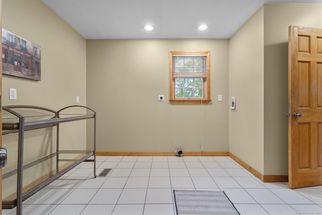 290 Amity Rd, Bethany, CT 06524 - laundry area featuring electric dryer hookup, baseboards, recessed lighting, and light tile patterned floors