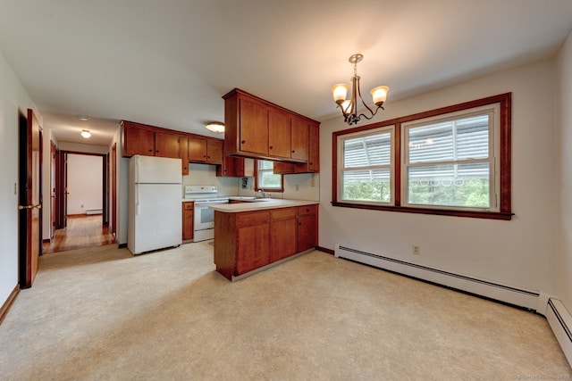 394 Mcclintock St, New Britain, CT 06053 - kitchen featuring white appliances, a peninsula, brown cabinetry, a chandelier, and light countertops