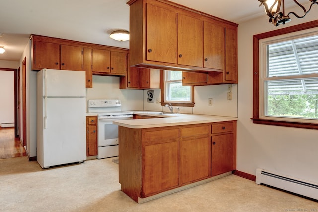 394 Mcclintock St, New Britain, CT 06053 - kitchen with white appliances, a baseboard heating unit, a peninsula, a sink, and brown cabinetry