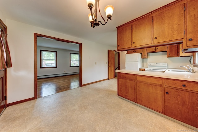 394 Mcclintock St, New Britain, CT 06053 - kitchen featuring white appliances, baseboard heating, brown cabinets, a sink, and a chandelier