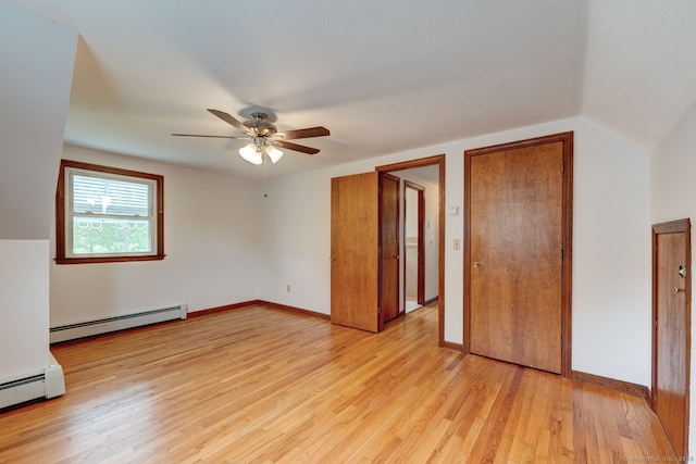 394 Mcclintock St, New Britain, CT 06053 - unfurnished bedroom featuring a baseboard heating unit, light wood-style floors, ceiling fan, and baseboards