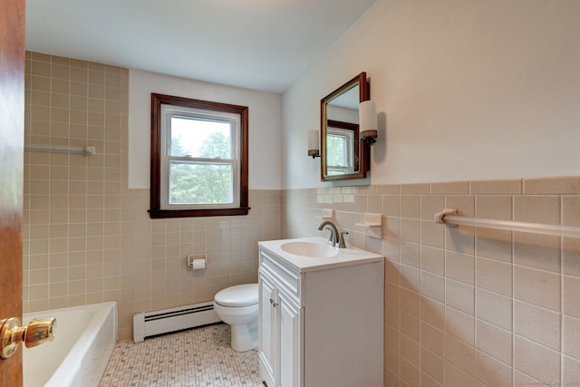 394 Mcclintock St, New Britain, CT 06053 - bathroom featuring a baseboard radiator, tile walls, tile patterned flooring, toilet, and vanity