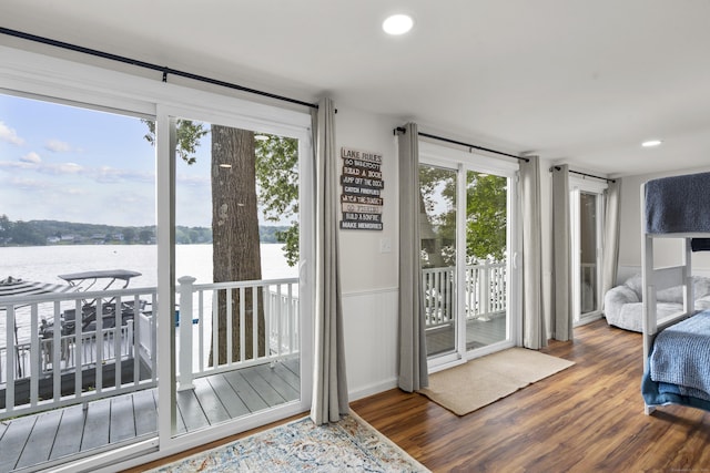 1795 Wolcott Rd, Wolcott, CT 06716 - bedroom with a water view, access to outside, wood finished floors, and recessed lighting