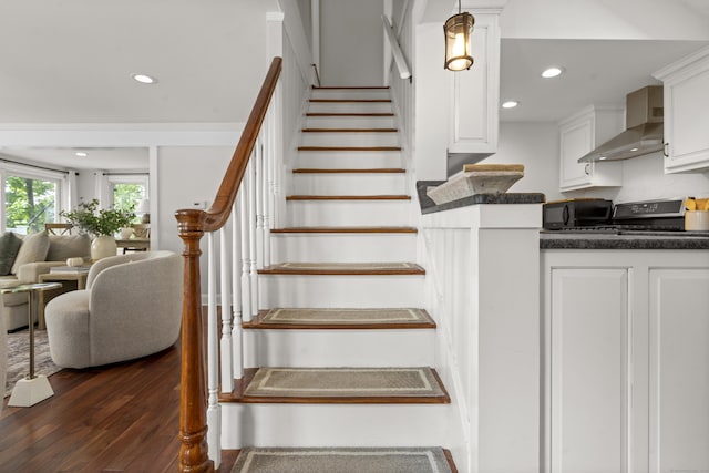 1795 Wolcott Rd, Wolcott, CT 06716 - staircase featuring hardwood / wood-style floors and recessed lighting