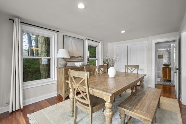 1795 Wolcott Rd, Wolcott, CT 06716 - dining area featuring dark wood-style flooring, baseboards, and recessed lighting