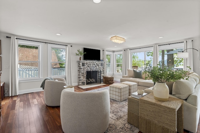 1795 Wolcott Rd, Wolcott, CT 06716 - living room featuring dark wood-style floors, a fireplace, baseboards, and recessed lighting