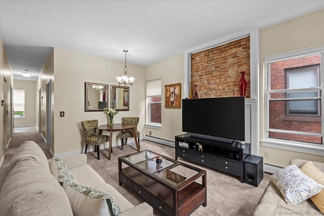 68 Morris St Unit 202, Hartford, CT 06114 - living area featuring a baseboard radiator, carpet floors, and a chandelier