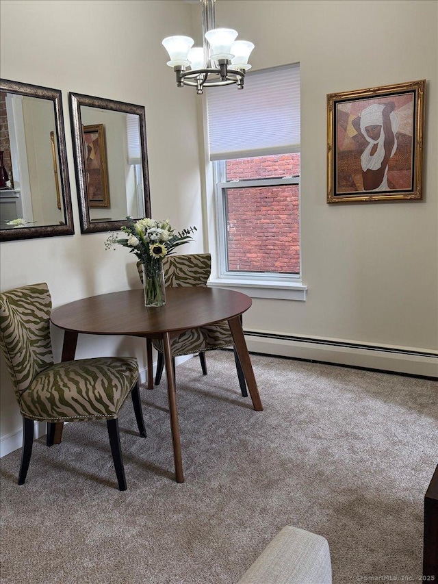 68 Morris St Unit 202, Hartford, CT 06114 - dining room featuring carpet, a baseboard radiator, a chandelier, and baseboards