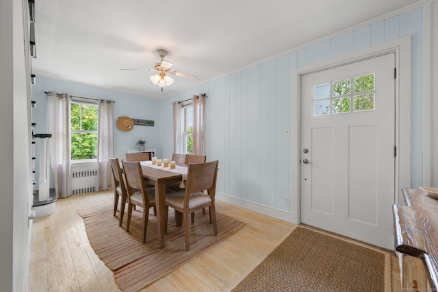 8 Maple Ave, Clinton, CT 06413 - dining room featuring radiator, light wood-style floors, ceiling fan, and ornamental molding