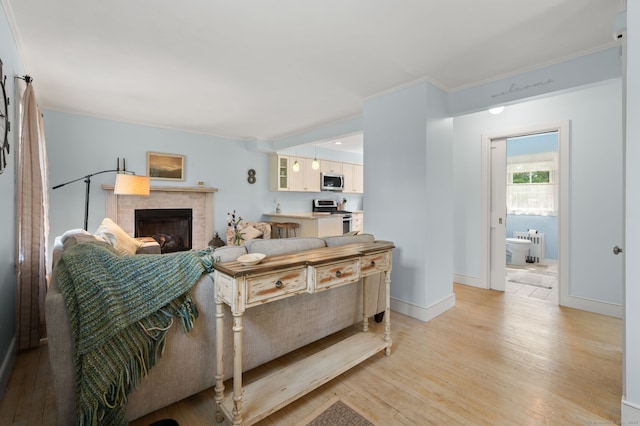 8 Maple Ave, Clinton, CT 06413 - living room with a brick fireplace, light wood-style floors, baseboards, and crown molding