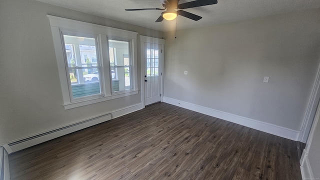82 Windsor St, Enfield, CT 06082 - spare room with dark wood-style flooring, a baseboard radiator, a ceiling fan, and baseboards