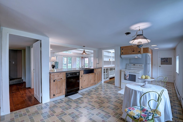 34 N Main St, Marlborough, CT 06447 - kitchen with white appliances, extractor fan, a sink, and pendant lighting