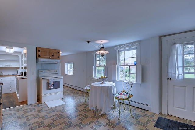 34 N Main St, Marlborough, CT 06447 - kitchen with white range with electric cooktop, a baseboard heating unit, exhaust hood, and plenty of natural light