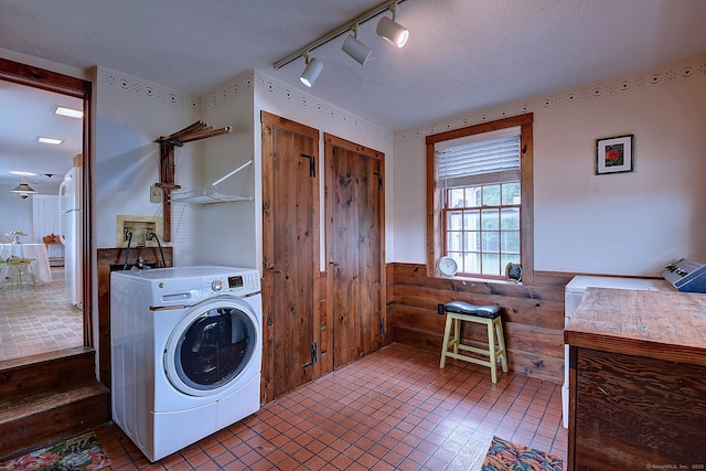 34 N Main St, Marlborough, CT 06447 - laundry room with washer / clothes dryer, wainscoting, track lighting, and wood walls