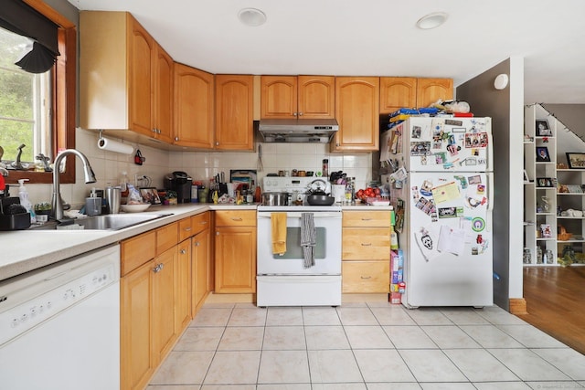 17 Linden St, Norwalk, CT 06851 - kitchen featuring white appliances, under cabinet range hood, a sink, light countertops, and tasteful backsplash