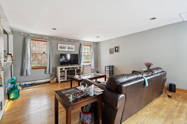17 Linden St, Norwalk, CT 06851 - living room with a baseboard radiator, hardwood / wood-style flooring, recessed lighting, and baseboards