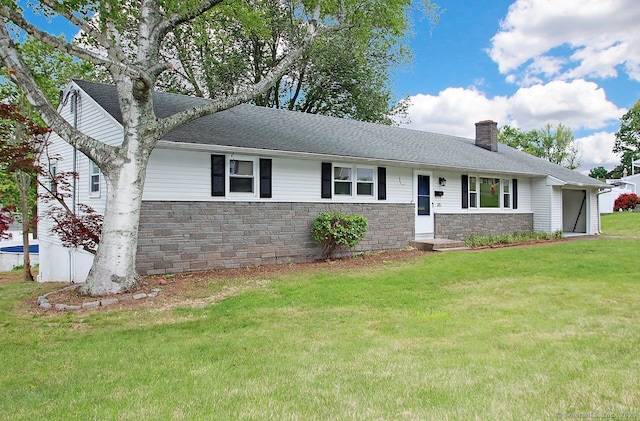 65 Bayberry Dr, Wallingford, CT 06492 - single story home featuring a chimney, a front lawn, stone siding, and roof with shingles